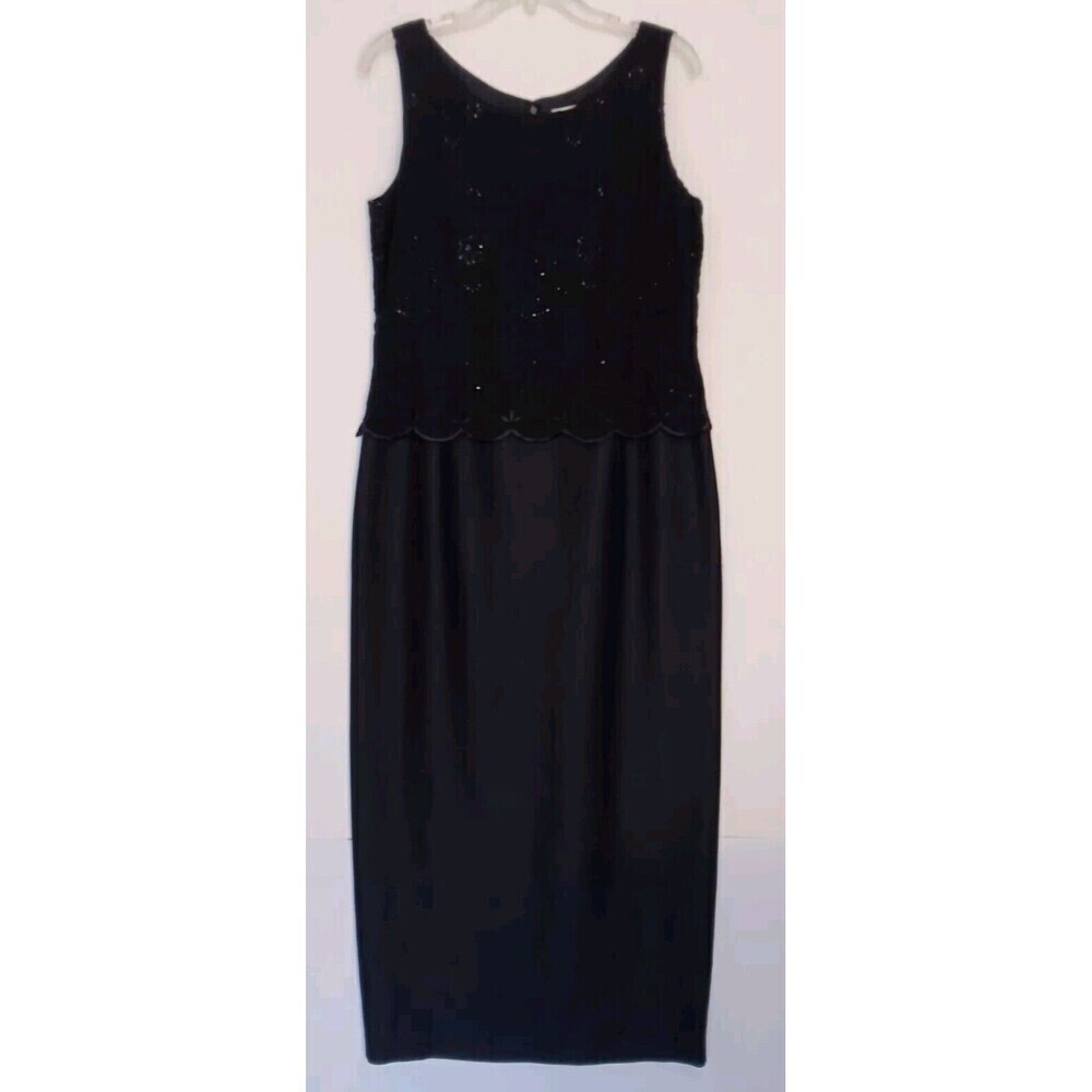 Adrianna Pappell Ocassions Sz 12P Navy Blue Silk Evening Maxi Dress w/Sequin